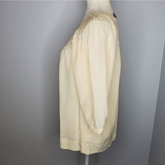 VINCE blouse cream ivory smocked neck silk 3/4 sleeve top S - Picture 3 of 7